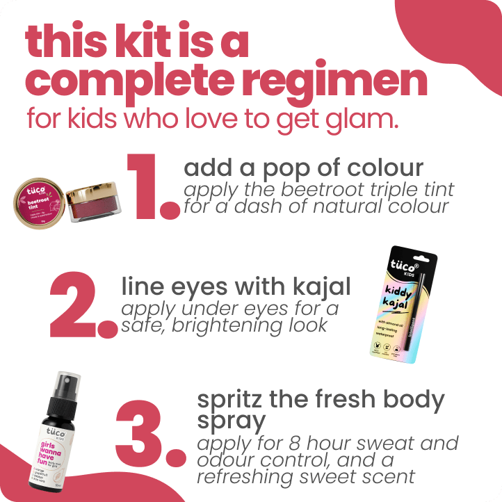 Promotional graphic for a natural kids' makeup kit with products and text on a white background.