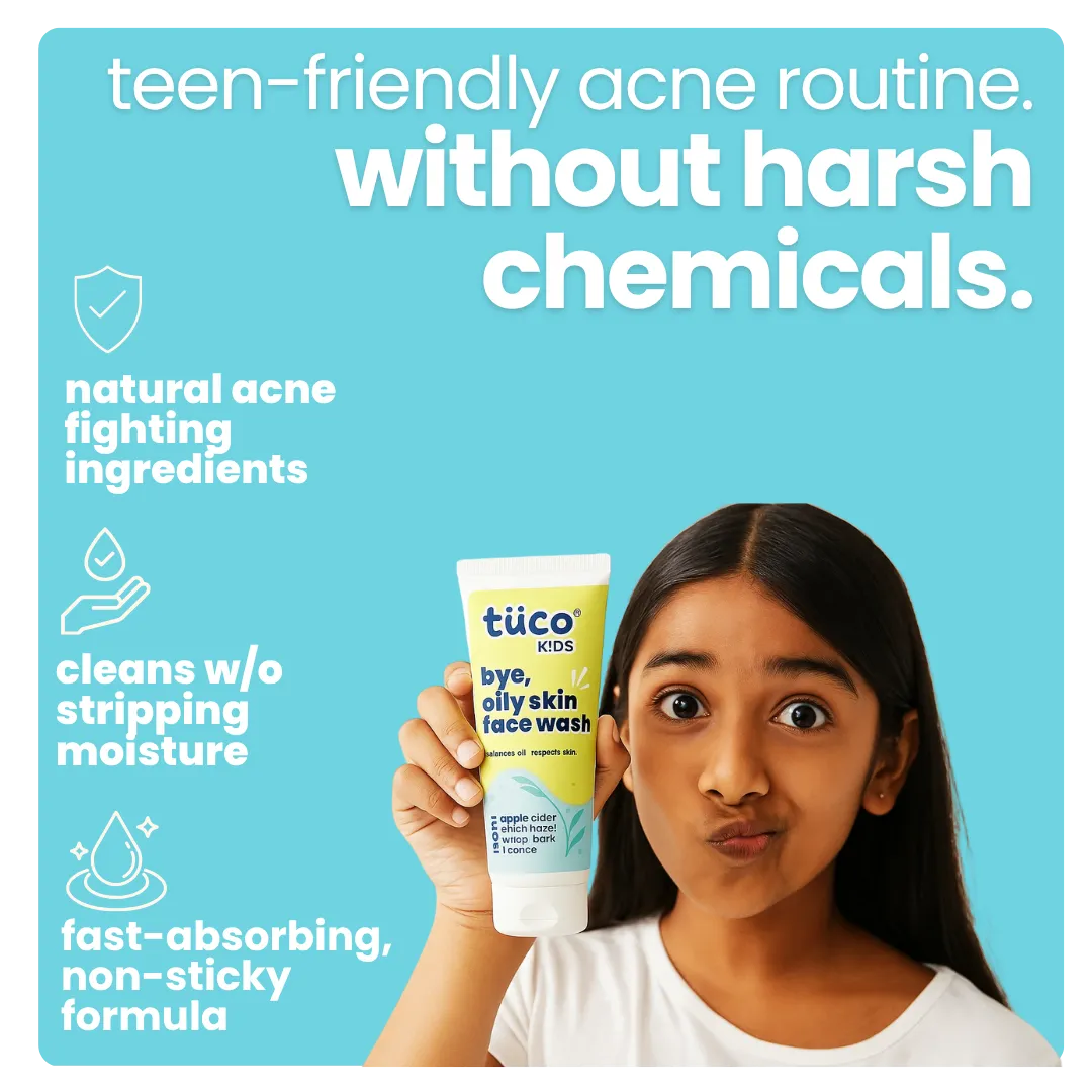 Girl holding tuco Kids acne fighting face wash with product features listed on a blue background