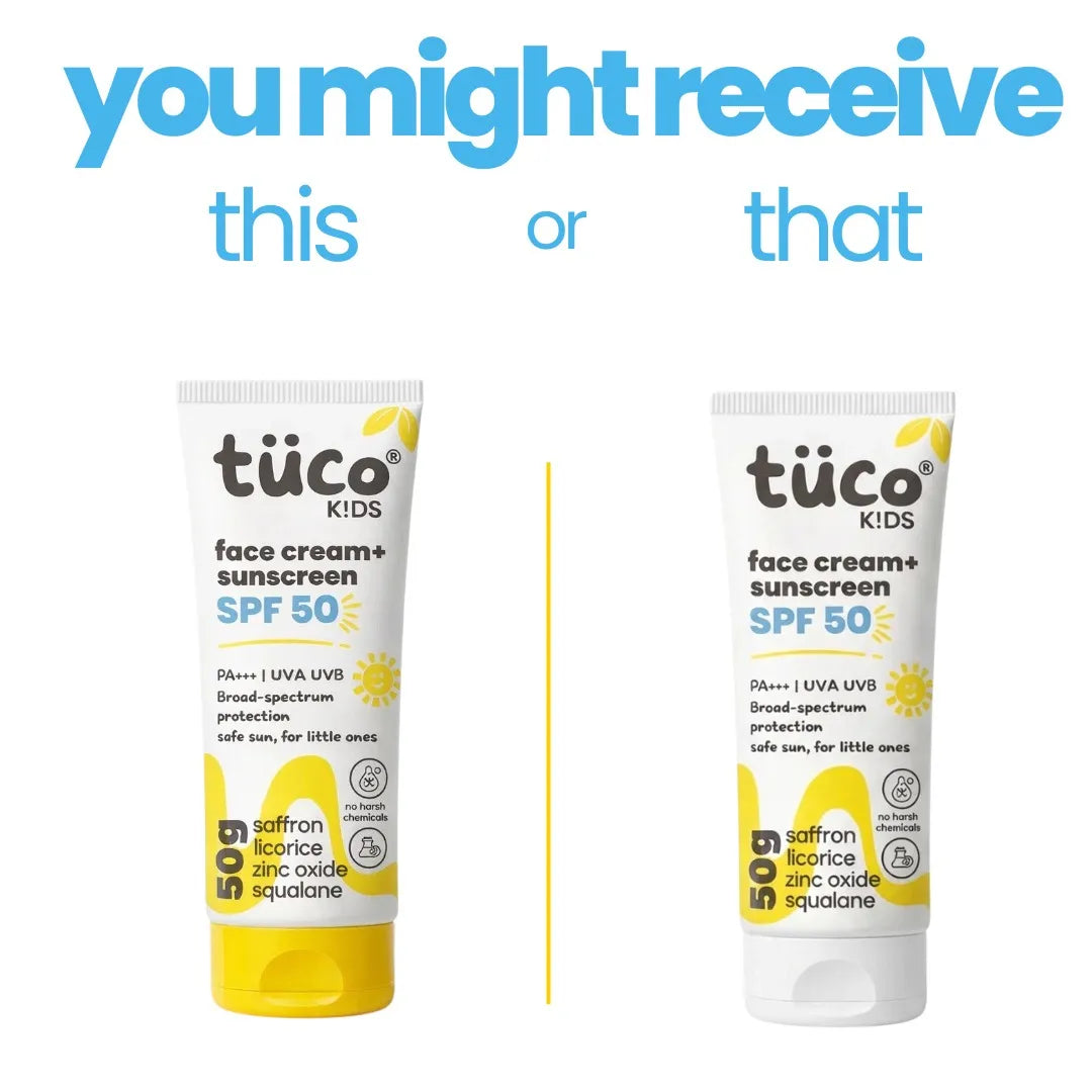 Tuco Kids face cream plus sunscreen SPF 50 two packaging versions – yellow cap and white cap, both broad-spectrum PA+++ with saffron and zinc oxide
