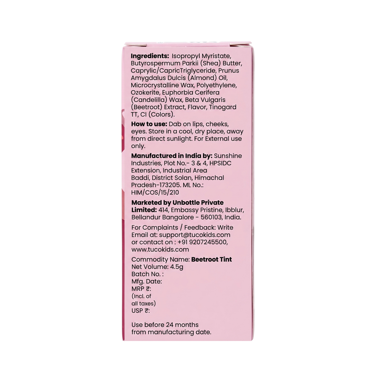 Beetroot Triple Tint (4.5g) — back of pack, ingredients & product details | Tuco Kids