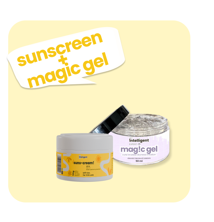 Sunscreen + Magic Gel Kit for kids – includes face cream with UV protection and aloe vera gel for soothing cuts, scrapes, and dry skin; lightweight, chemical-free, and travel-friendly.