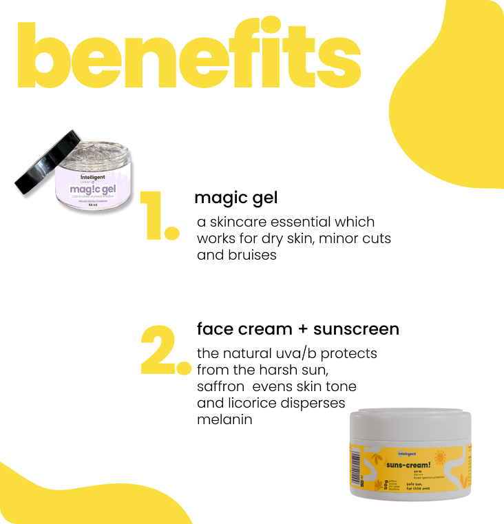Sunscreen + Magic Gel Kit for kids – includes face cream with UV protection and aloe vera gel for soothing cuts, scrapes, and dry skin; lightweight, chemical-free, and travel-friendly.