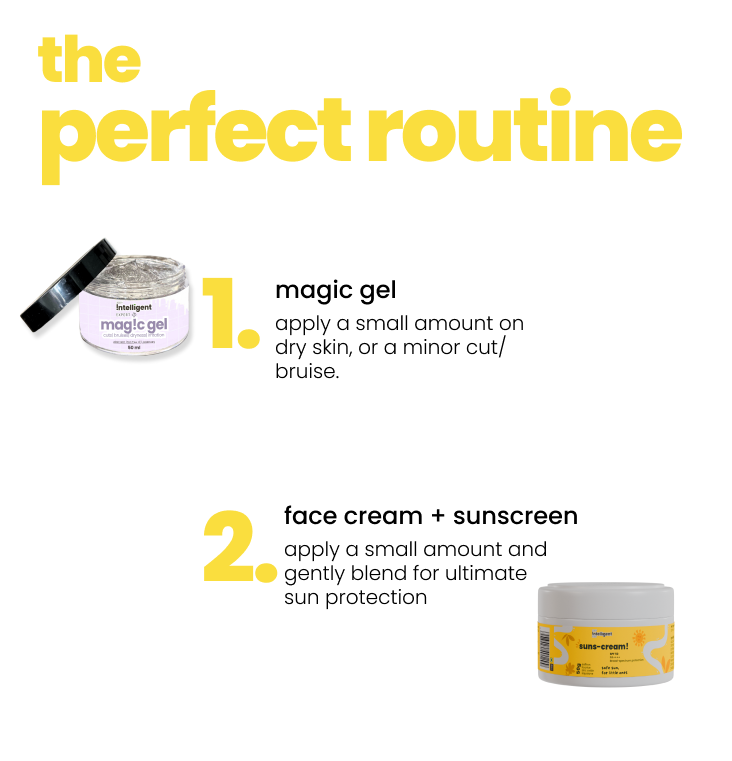 Sunscreen + Magic Gel Kit for kids – includes face cream with UV protection and aloe vera gel for soothing cuts, scrapes, and dry skin; lightweight, chemical-free, and travel-friendly.