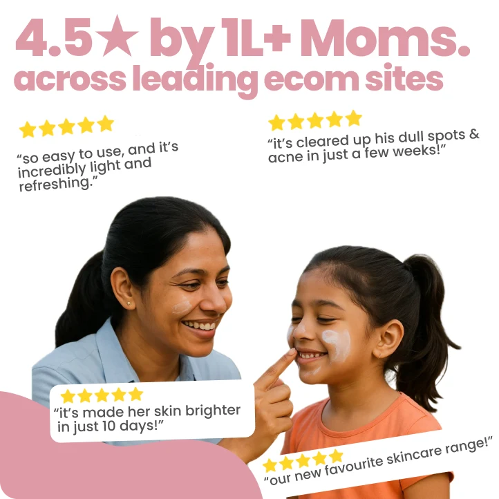 Mother and child with product on face, surrounded by five-star reviews on a white background