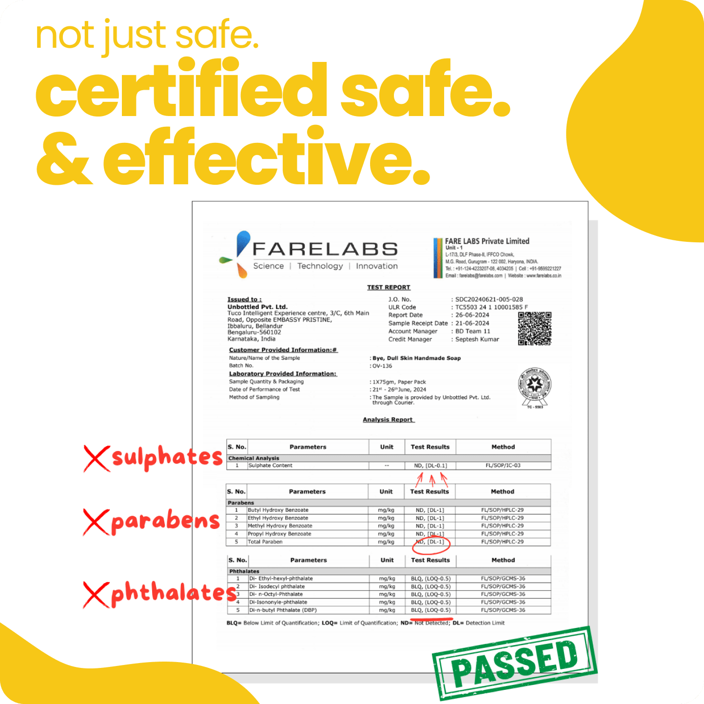 Certification document with Fare Labs logo and text indicating safety and effectiveness, featuring a yellow and white background.