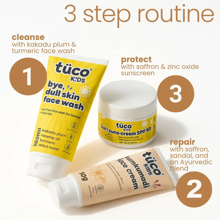 1. Cleanse with Kakadu Plum & Turmeric Face Wash
2. Repair with Saffron, Sandalwood, Ayurvedic Cream 
3. Protect with Saffron & Zinc Oxide SPF 50