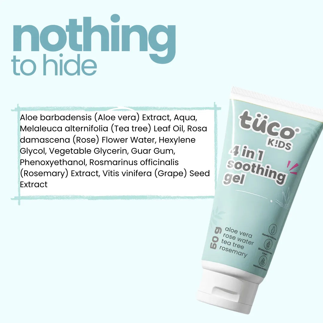Full ingredient transparency in Tuco Kids 4-in-1 acne soothing gel - aloe vera, tea tree, rose water, rosemary