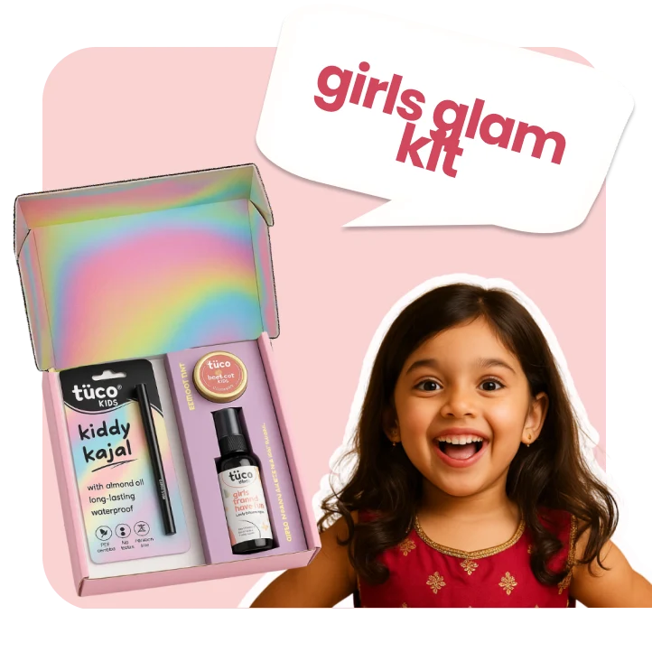 Excited Small girl posing alongside a natural makeup kit for kids