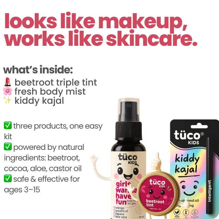Tuco Kids skincare and makeup products with text highlighting features.