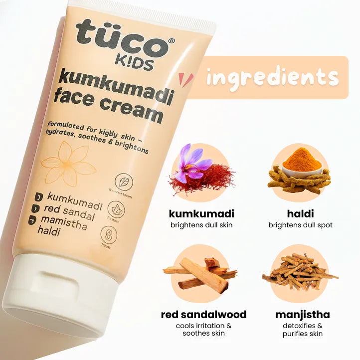 Formulated with natural plant-based ingredients like saffron, haldi, sandalwood and manjishta - perfect for growing, sensitive skin. Free from harsh and toxic chemicals.