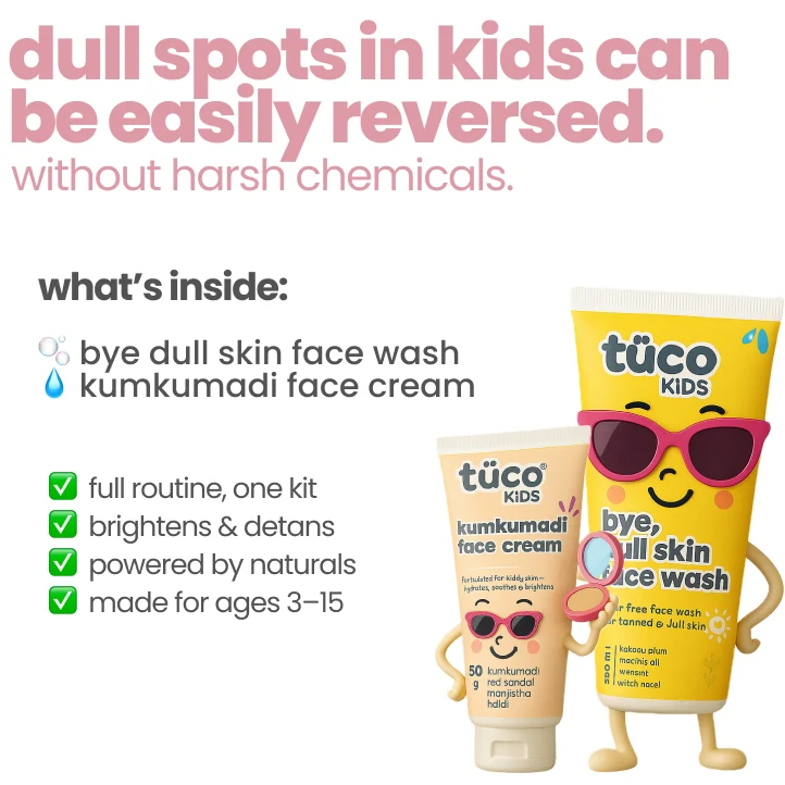 Advertisement for tuco kids dull skin products with cartoon characters on a white background.