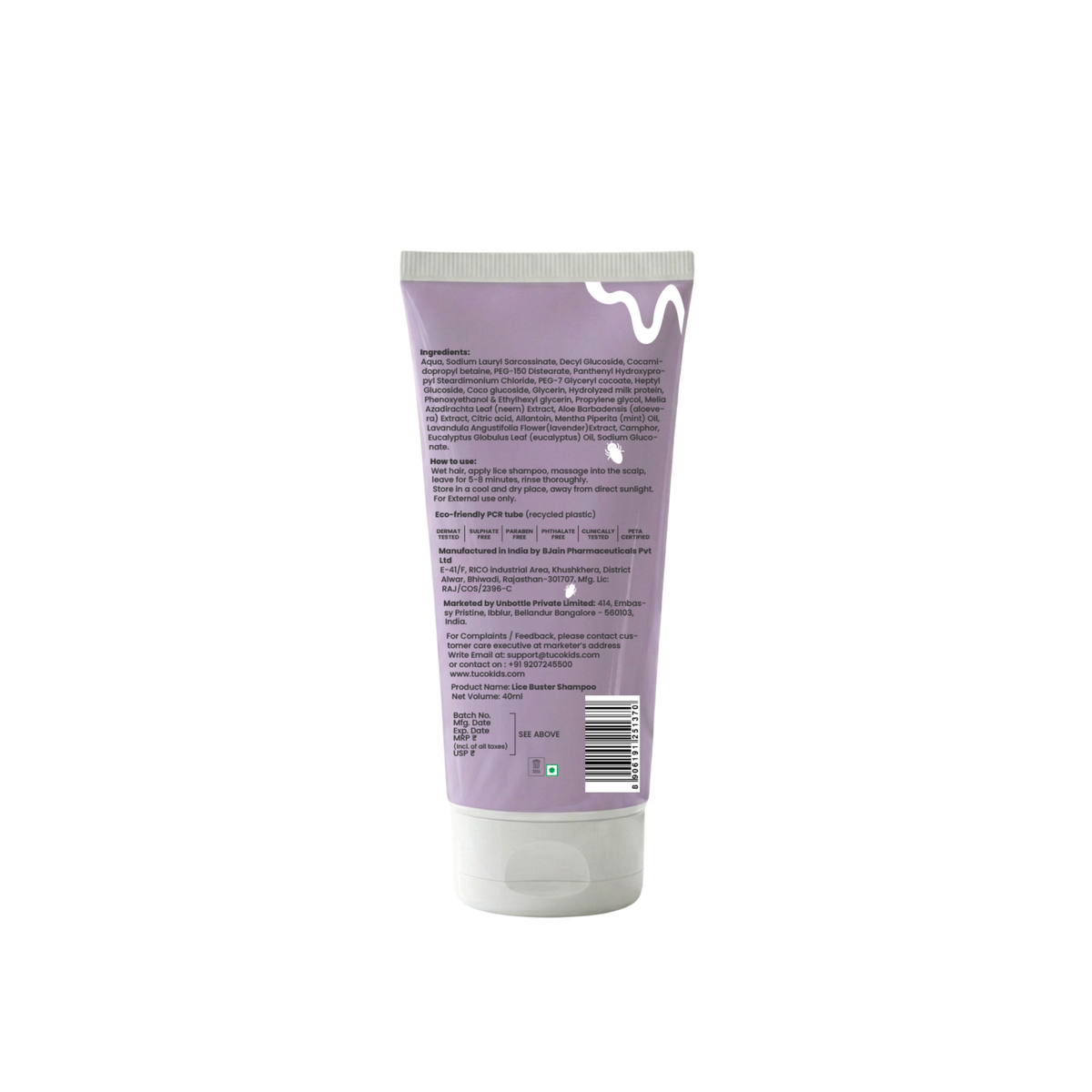 Lice Buster Shampoo 40ml — back of pack, ingredients & product details | Tuco Kids