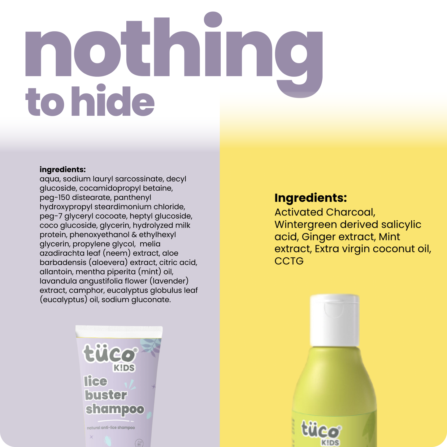 Tuco Kids lice buster shampoo full ingredients – nothing to hide, activated charcoal, salicylic acid, ginger, mint and extra virgin coconut oil