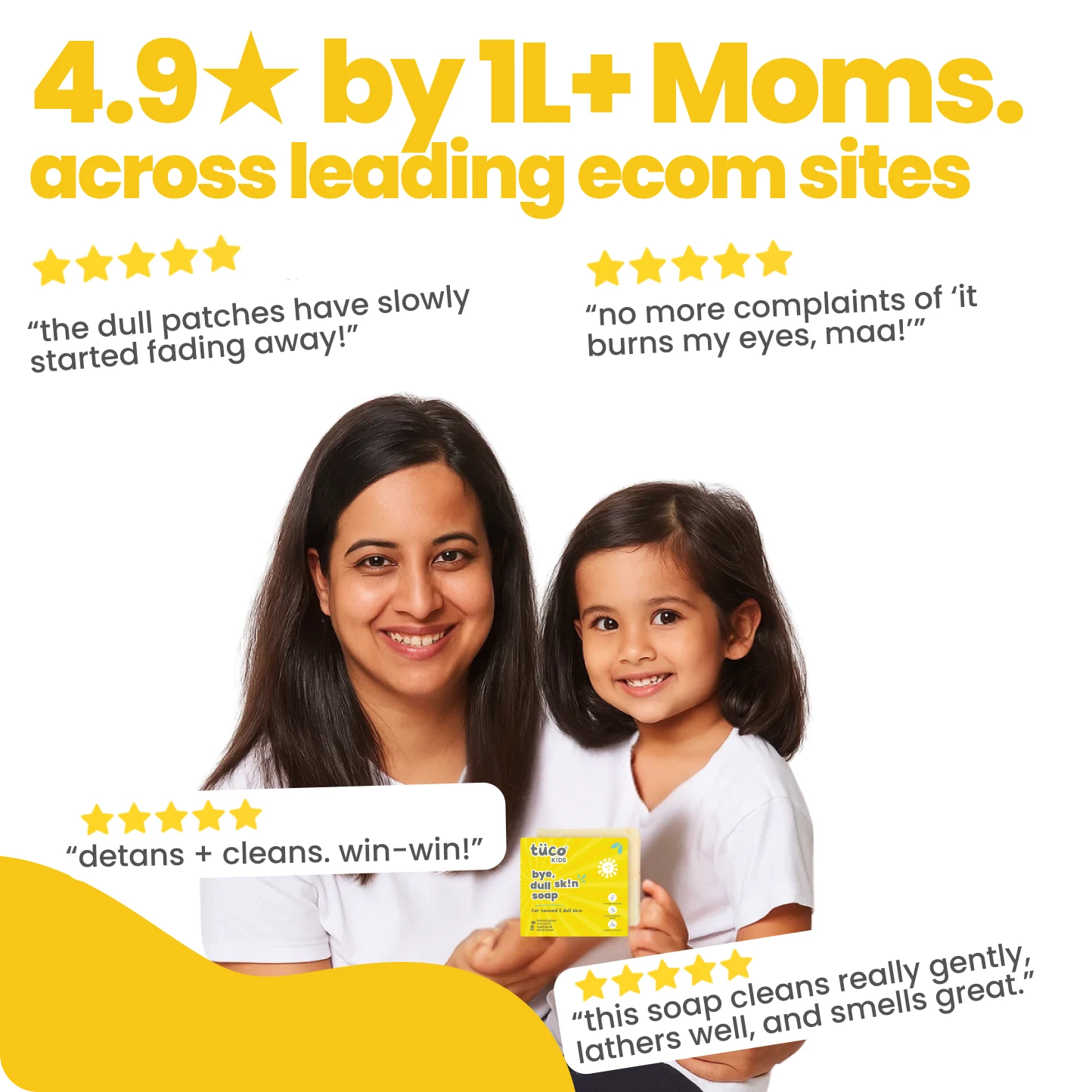 Mother and child holding a product with positive reviews on a white backgroud