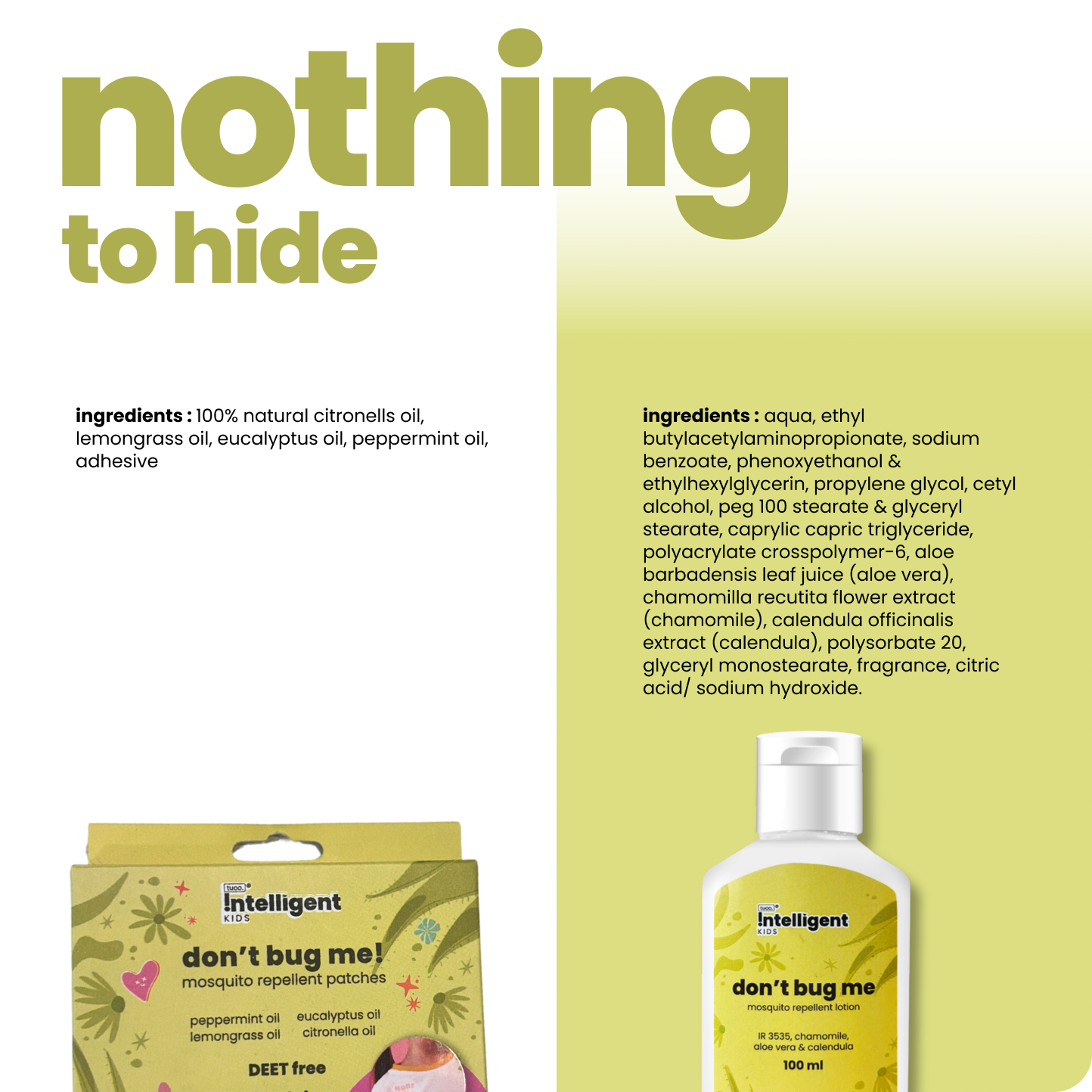 Clinically tested safe & effective for kids care. With list of all ingredients printed on products.