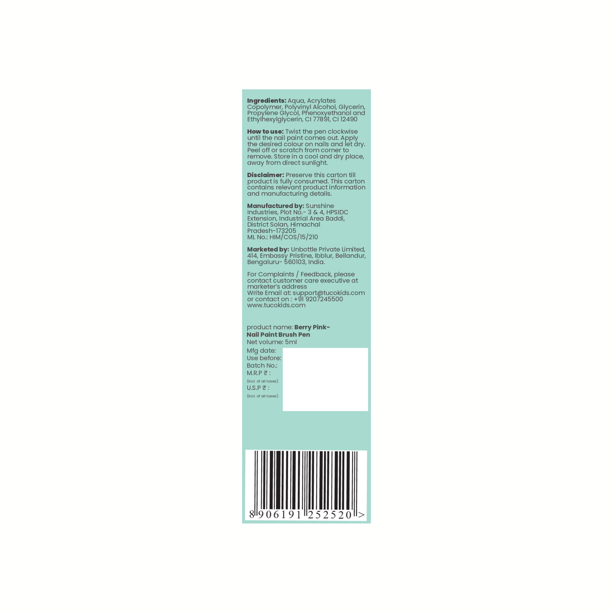 Nail Paint Brush Pen - Berry Pink β back of pack, ingredients & product details | Tuco Kids