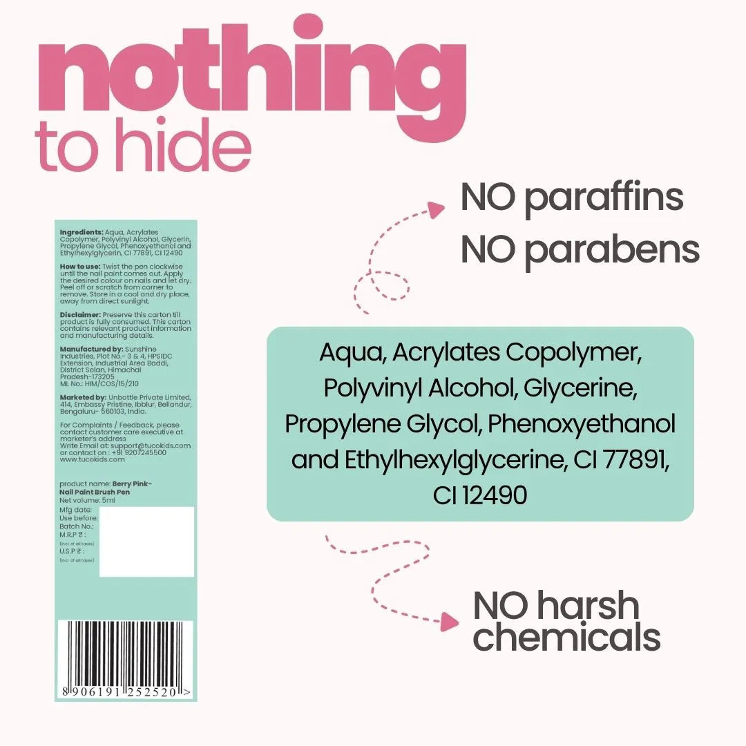 Nail Paint Brush Pen - Berry Pink — ingredients & nothing to hide label | Tuco Kids