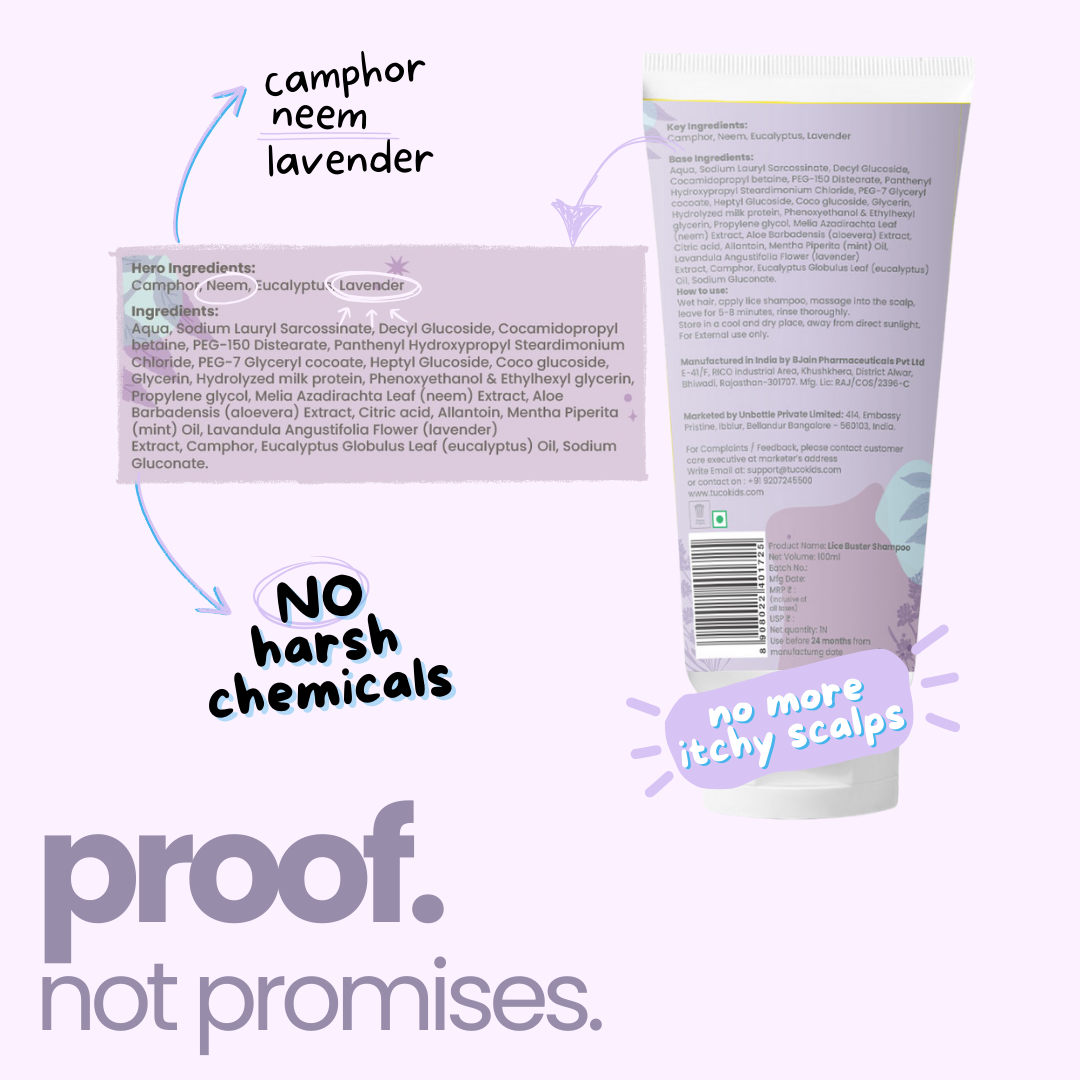 Proof not promises - Tuco Kids lice shampoo for kids ingredient list, camphor neem lavender, no harsh chemicals