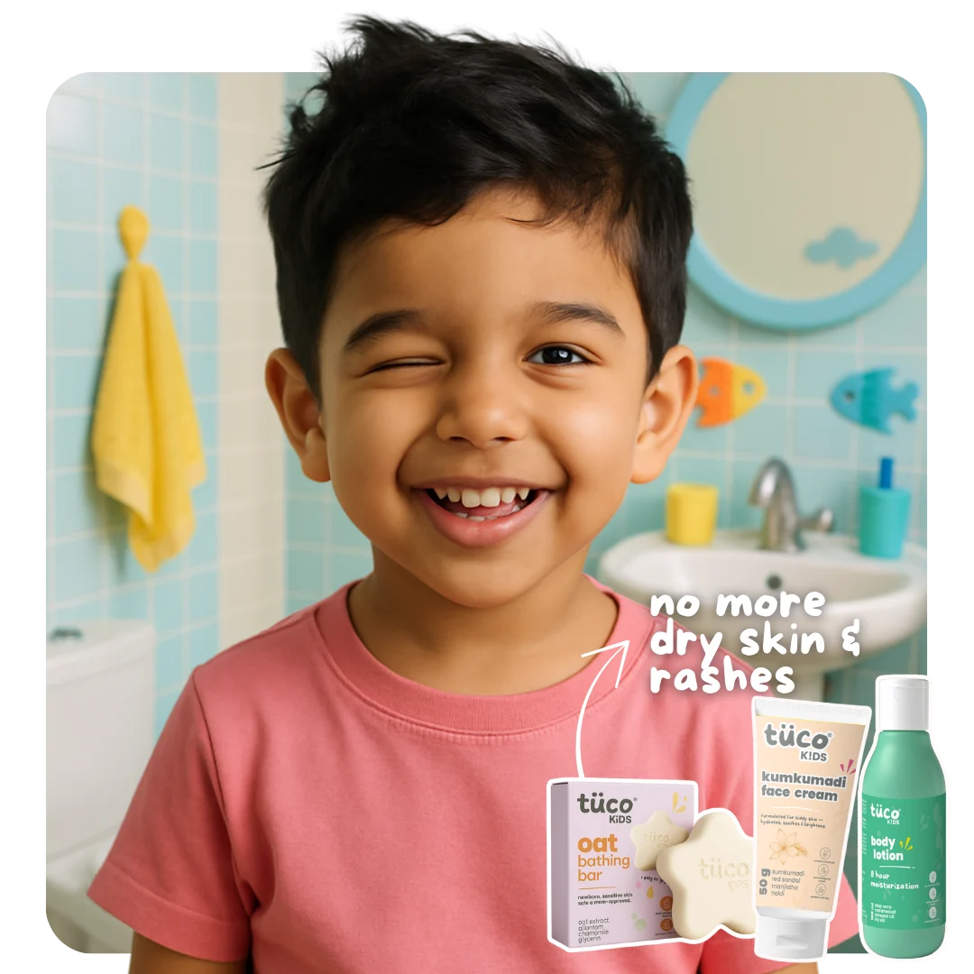 Natural, safe and effective skincare routine for kids with oat bathing bar, kumkumadi face cream and body lotion.