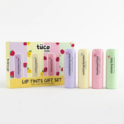 Tuco Kids lip tints gift set with colorful packaging and lip balms on a white background