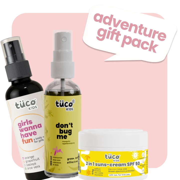 The Tuco Kids Adventure Gift Pack, with Girls Wanna Have Fun Body Mist, Don't Bug Me Mosquito Repellent Spray, and 2-in-1 Sunscreen + Face Cream SPF 50, protects, hydrates, and refreshes young skin, for kids who spend hours playing outdoors.