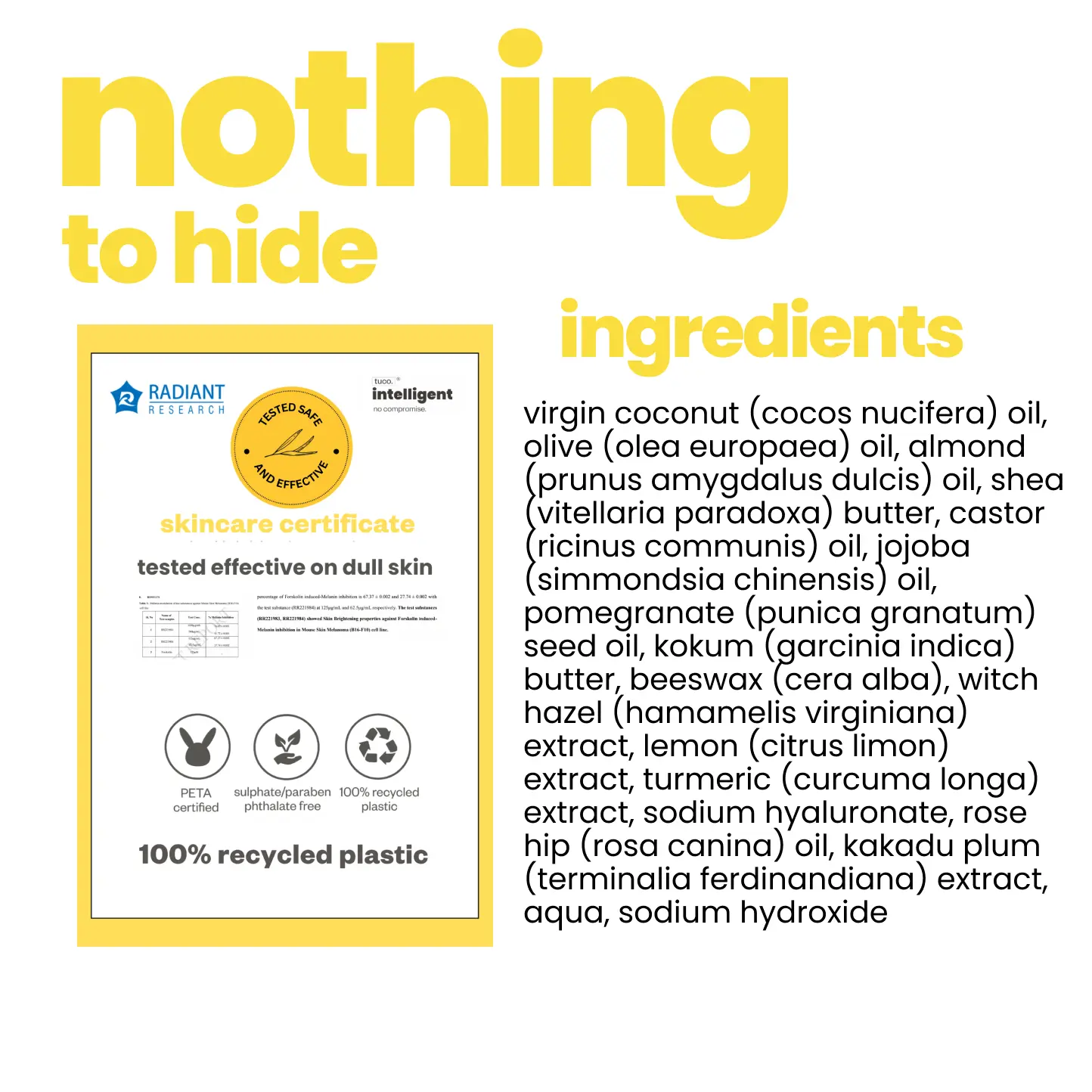 Product label with ingredients list and certification on a white background