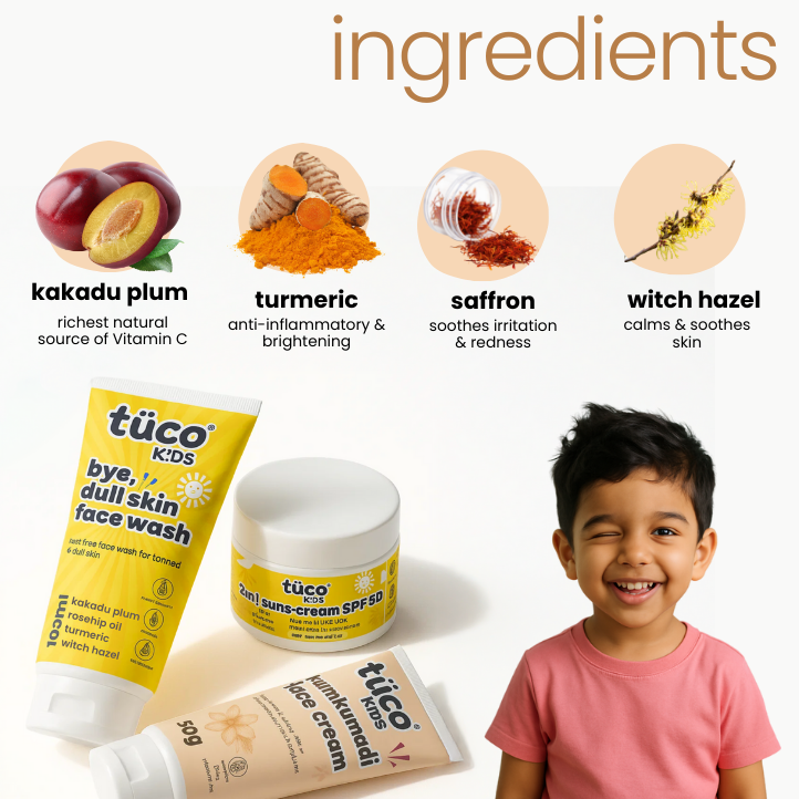 Enriched with Kakadu Plum, Turmeric, Saffron, Witch Hazel - safe for kids' skin, perfect for daily use.