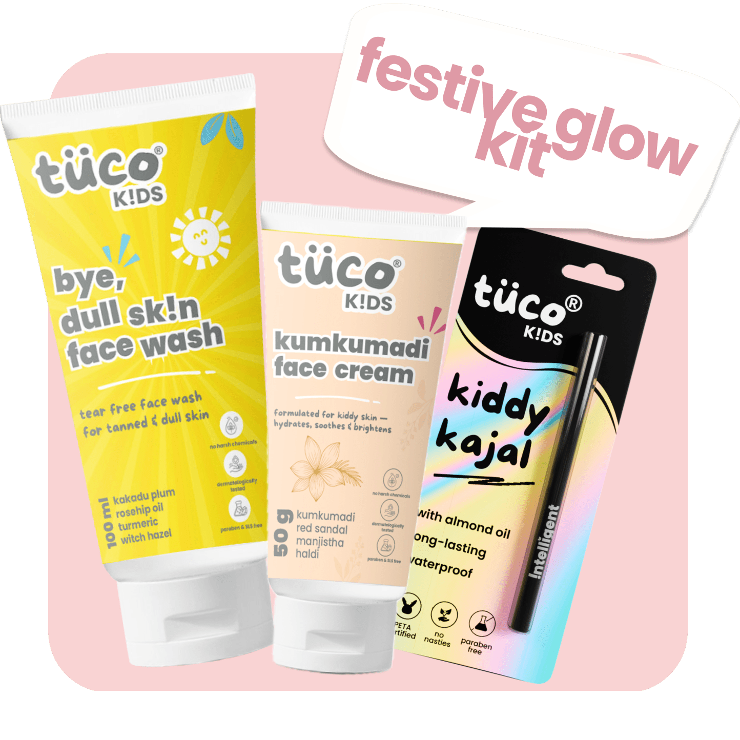 Festive Glow Kit: Dull Skin Face Wash + Kumkumadi Face Cream + Castor Kajal - Tuco Kids