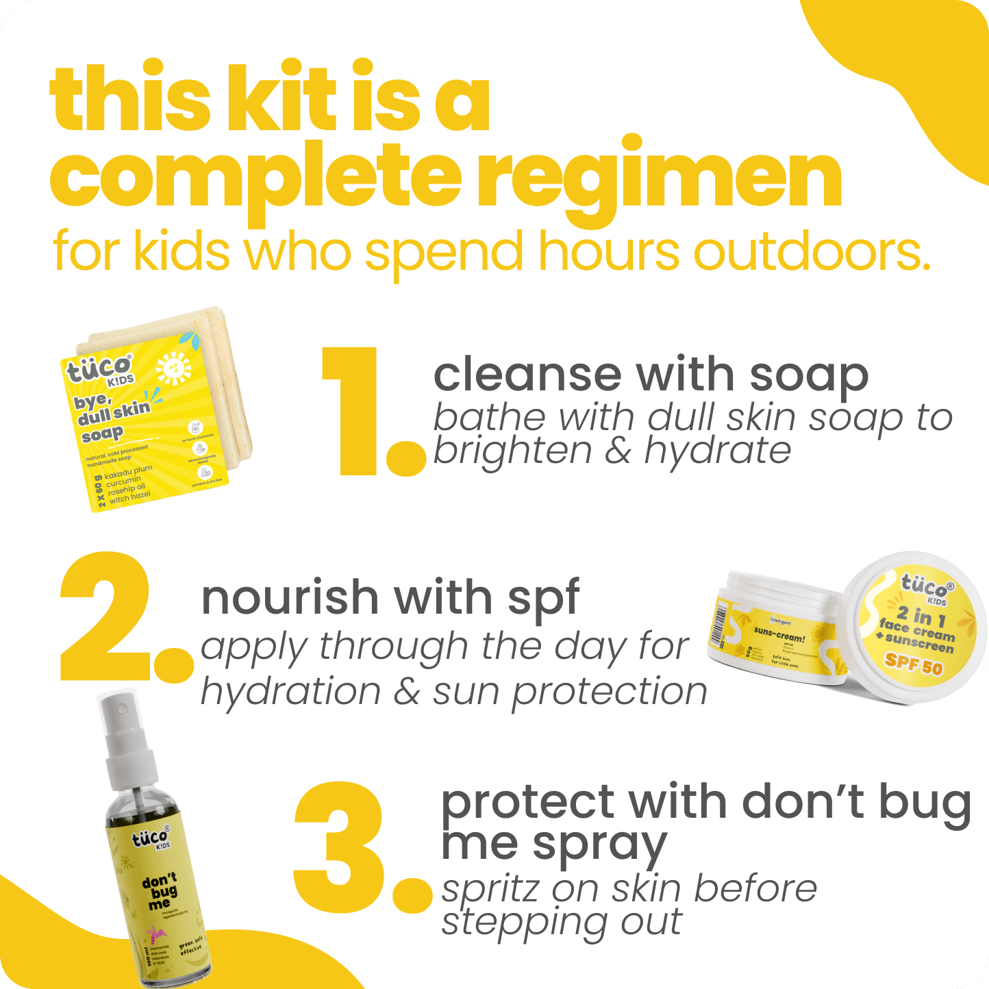 Outdoor Play Kit : Sunscreen + Dull Skin Soap + Mosquito Repellent Spray - Tuco Kids