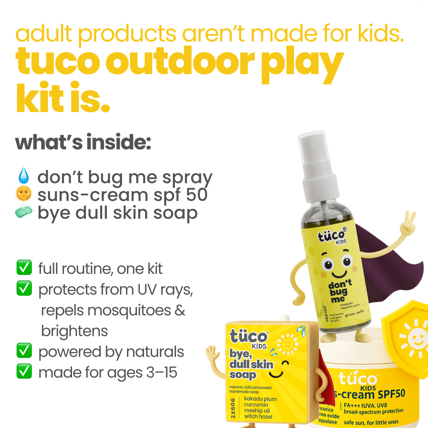 Outdoor Play Kit : Sunscreen + Dull Skin Soap + Mosquito Repellent Spray - Tuco Kids