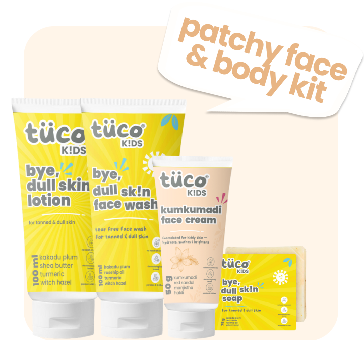 Tuco Kids Patchy Face and Body Kit with Kumkumadi Face Cream, Dull Skin Lotion, Face Wash, and Soap – gentle and natural skincare for dull, patchy, and uneven skin in children.