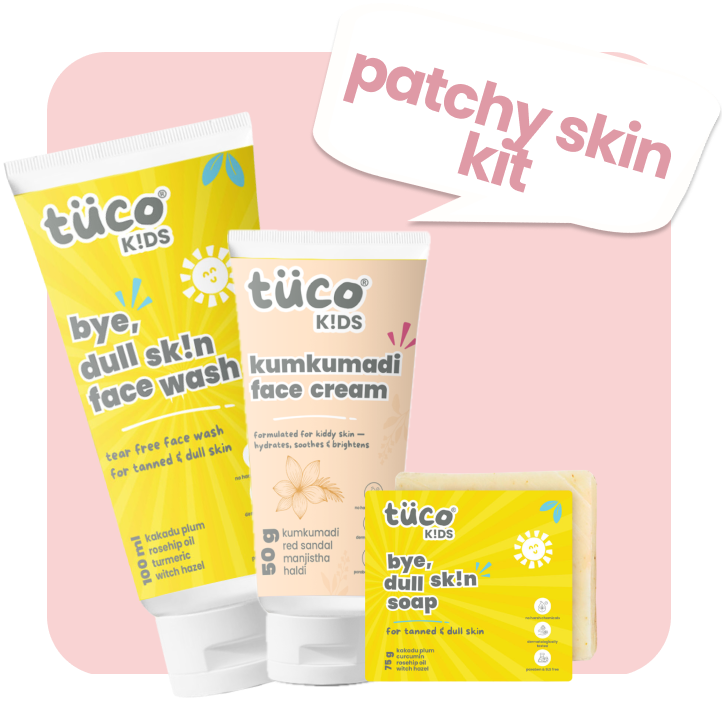 Tuco Kids Patchy Skin Kit with Kumkumadi Face Cream, Dull Skin Face Wash, and Dull Skin Soap – natural, brightening skincare for dull, patchy skin in children.