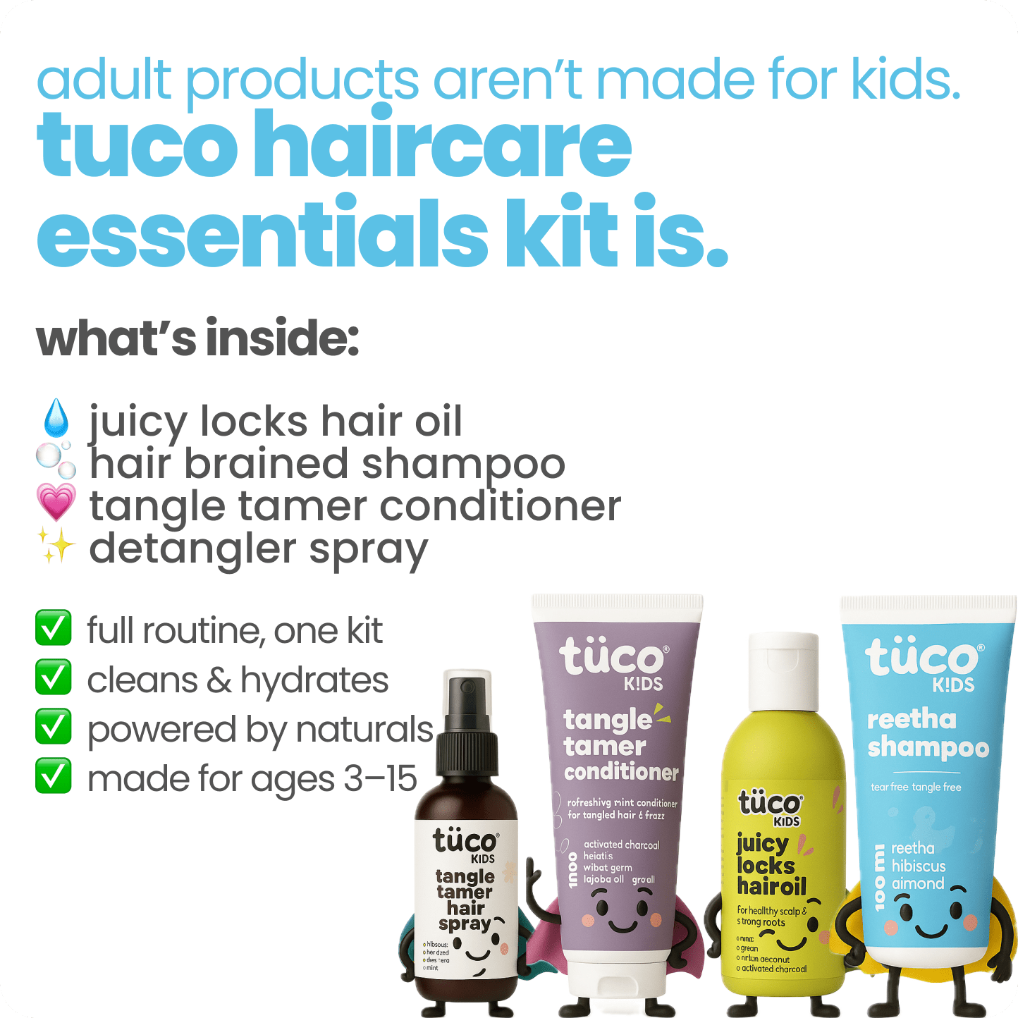 Ultimate Hair Care Kit: Shampoo 100ml + Hair Oil 100ml + Conditioner 100g + Hair Detangler 50ml - Tuco Kids