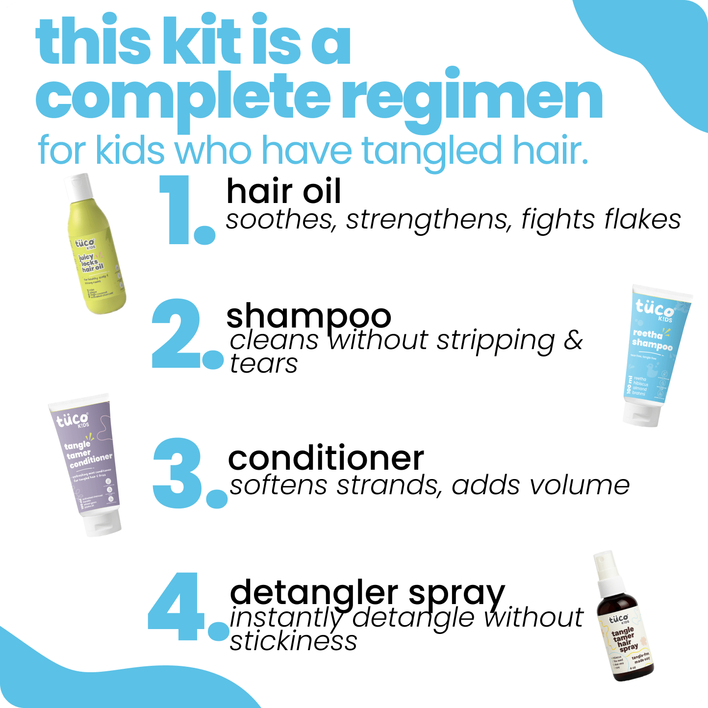 Ultimate Hair Care Kit: Shampoo 100ml + Hair Oil 100ml + Conditioner 100g + Hair Detangler 50ml - Tuco Kids
