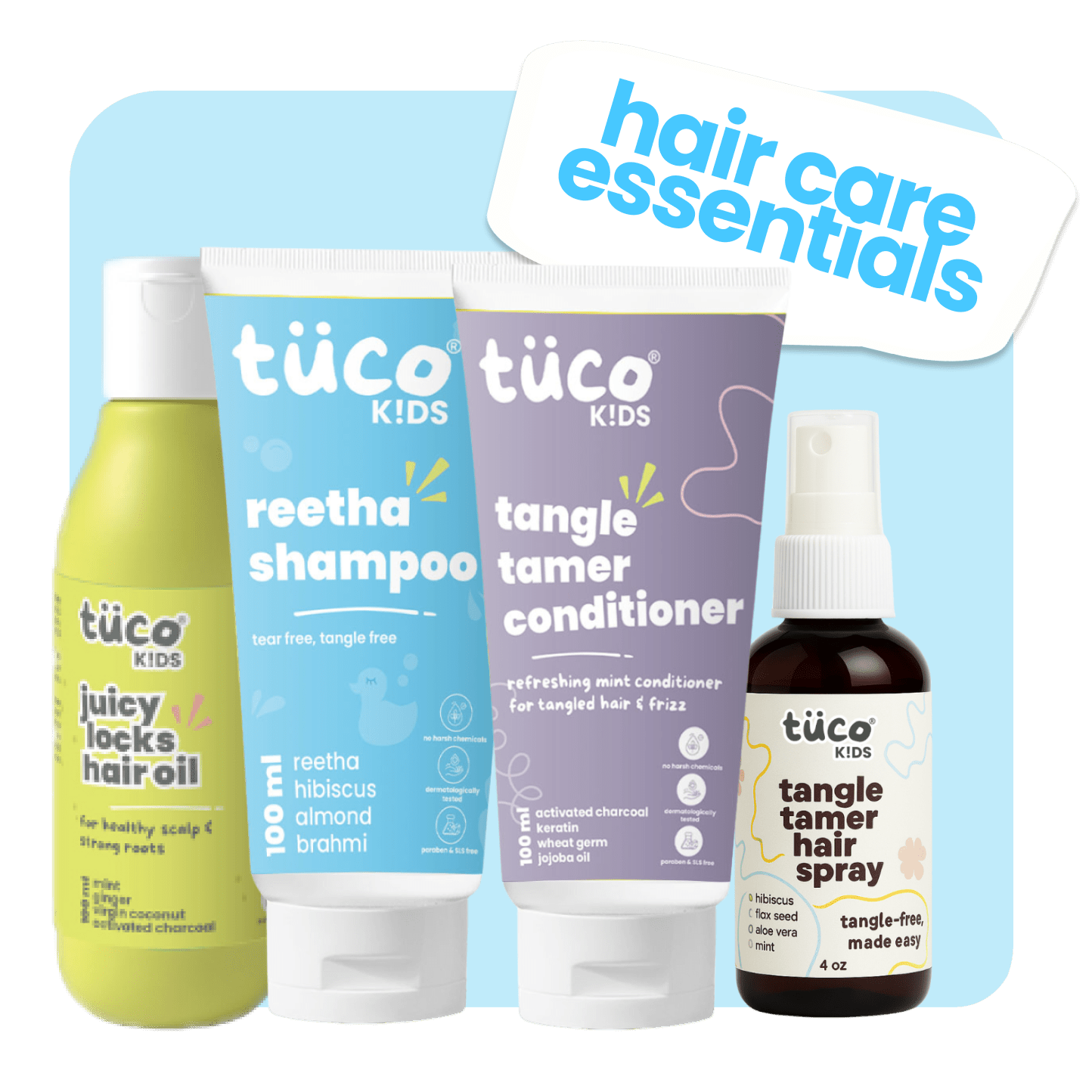 Ultimate Hair Care Kit: Shampoo 100ml + Hair Oil 100ml + Conditioner 100g + Hair Detangler 50ml - Tuco Kids