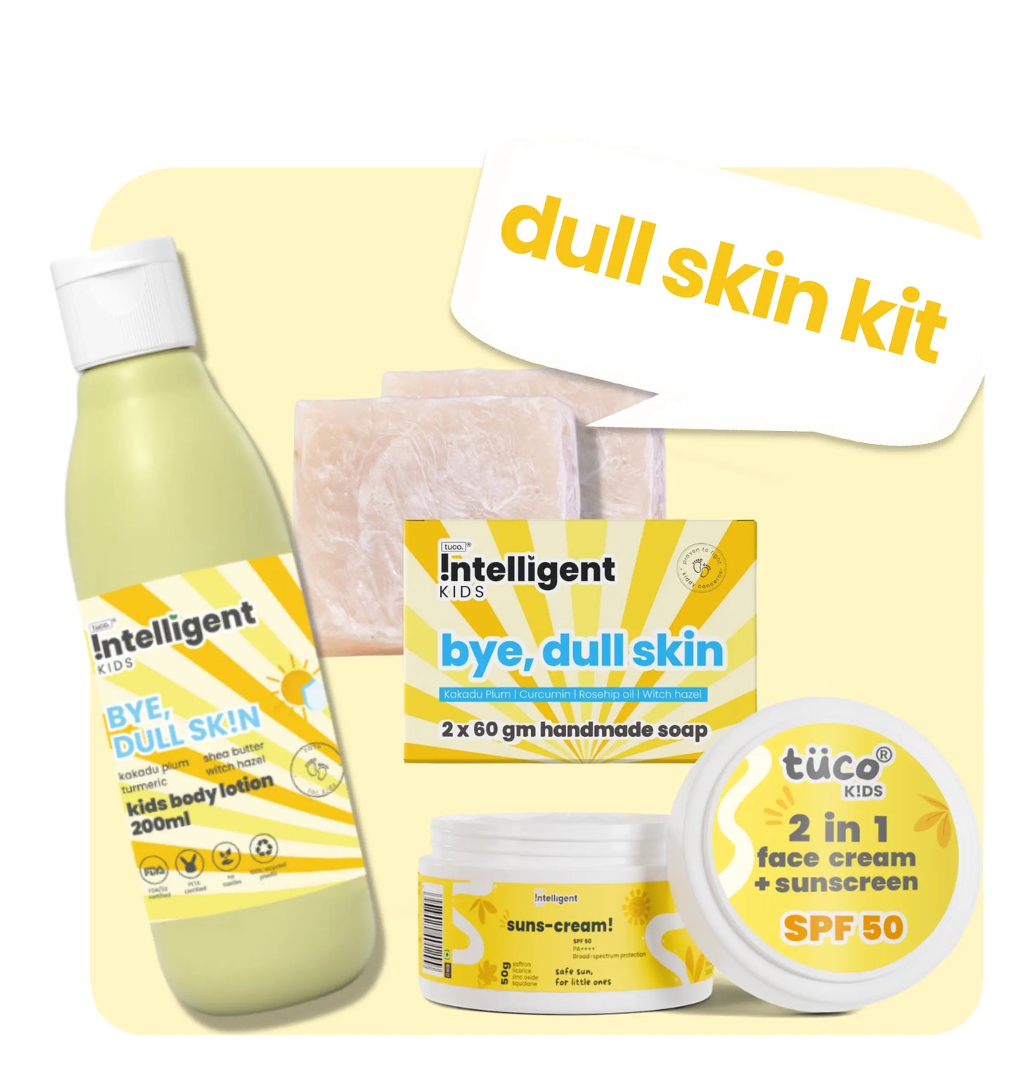 Tuco Kids Dull Skin Kit, specially crafted for kids aged 3-15. With dull skin soap, lotion and, 2-in-1 face cram and sunscreen SPF50.