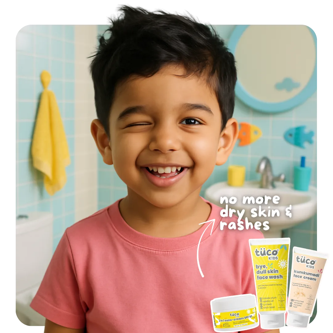 A daily face skincare regimen made just for kids, with natural and effective kid-friendly products like Face Wash for Dull Skin, Kumkumadi Ayurvedic Face Cream to brighten dull, patchy skin, and safe Sunscreen SPF 50 with no harsh chemicals.