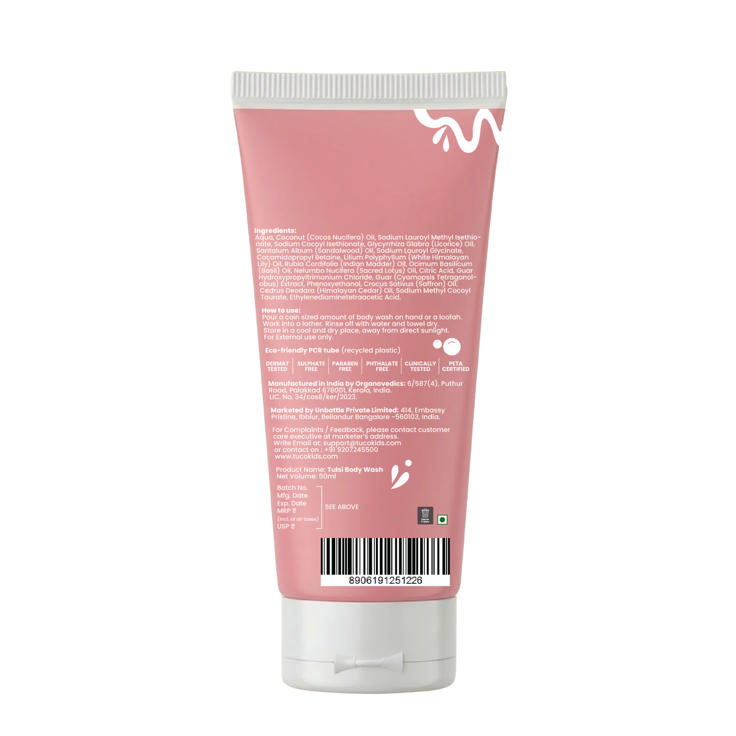Tulsi Shower Gel For Kids (50ml) — back of pack, ingredients & product details | Tuco Kids