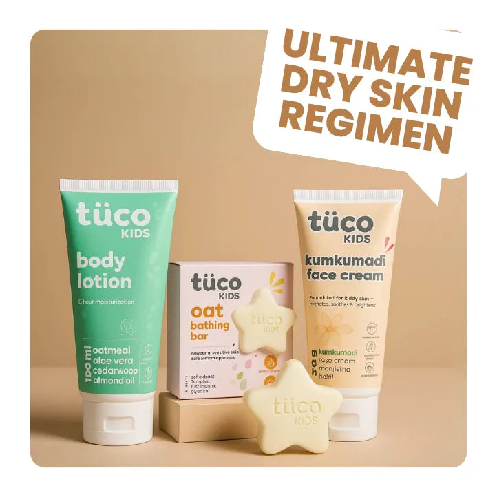 Tüco Kids skincare products including body lotion, face cream, and bath bar on a beige background.