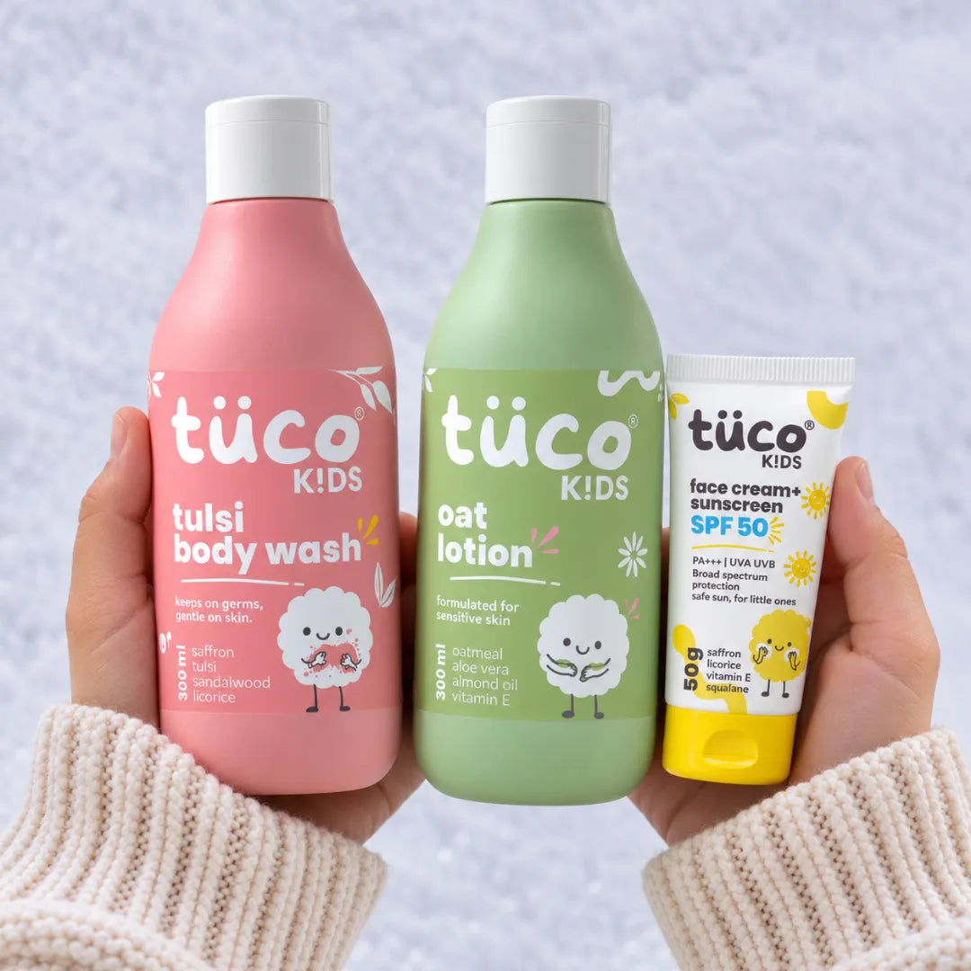 Tuco Kids Daily Winter Kit SPF 50 — Tulsi Body Wash, Oat Lotion and Saffron Face Cream + Sunscreen SPF 50