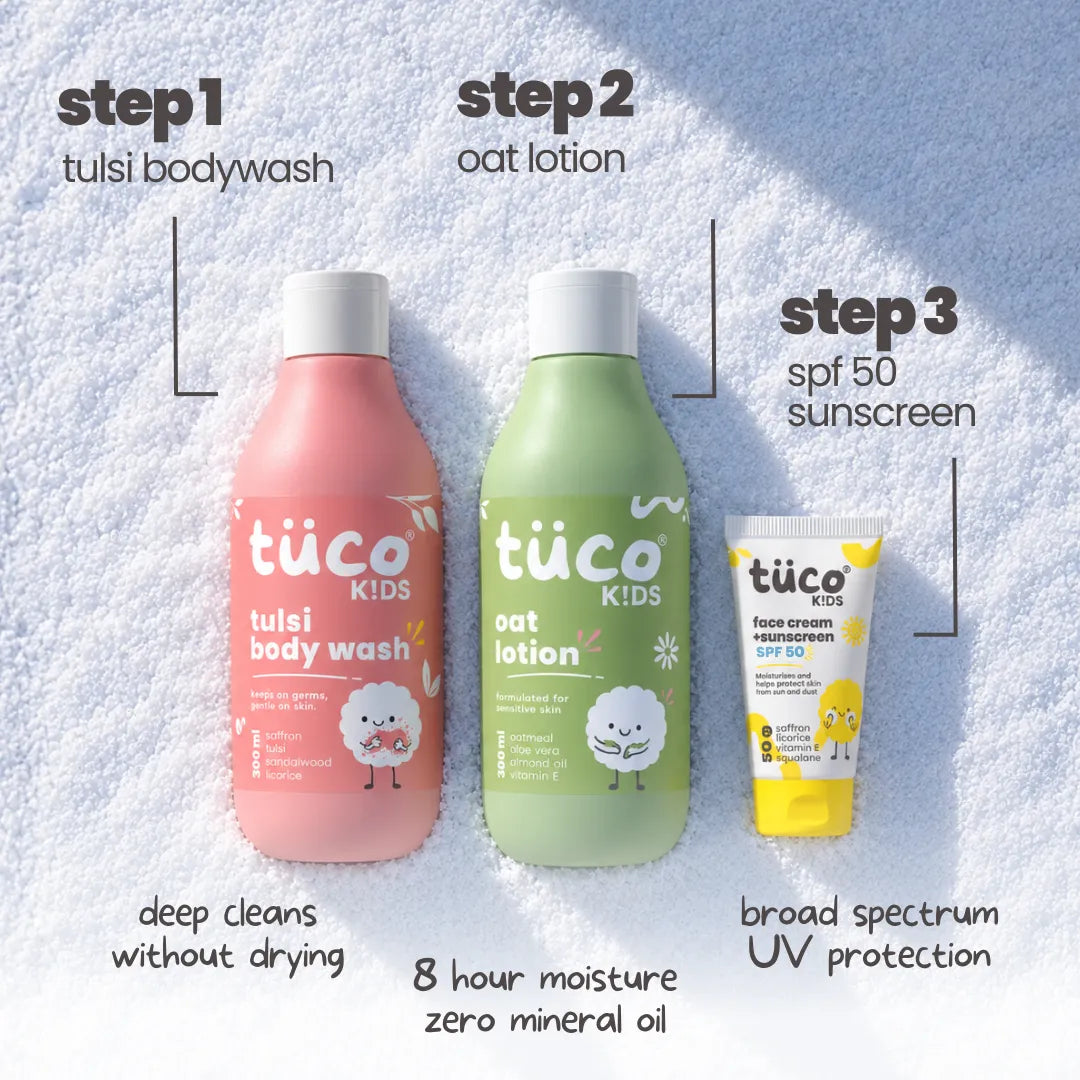Tuco Kids Daily Winter Kit SPF 50 3-step routine — body wash, oat lotion, SPF 50 sunscreen