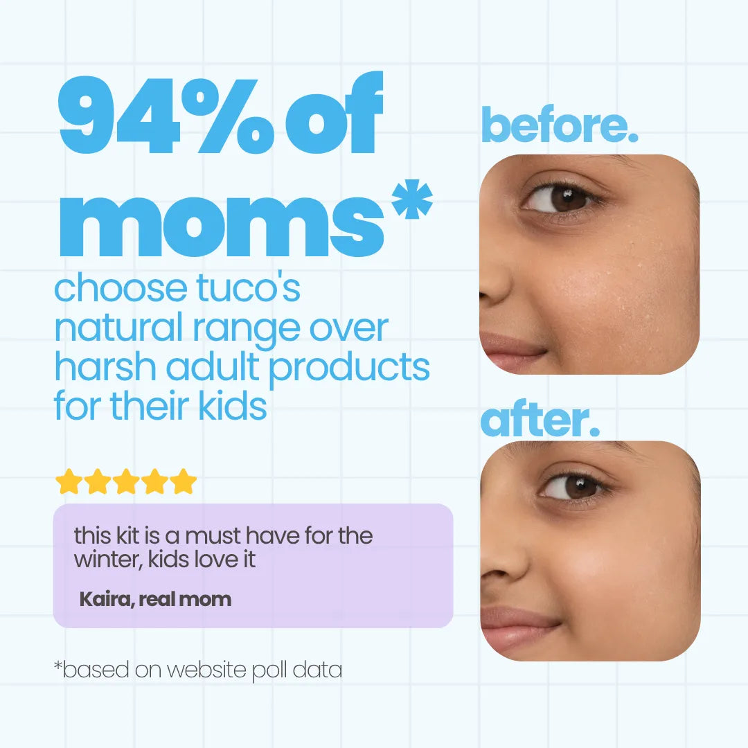 Tuco Kids Daily Winter Kit SPF 50 before and after — softer kids' skin
