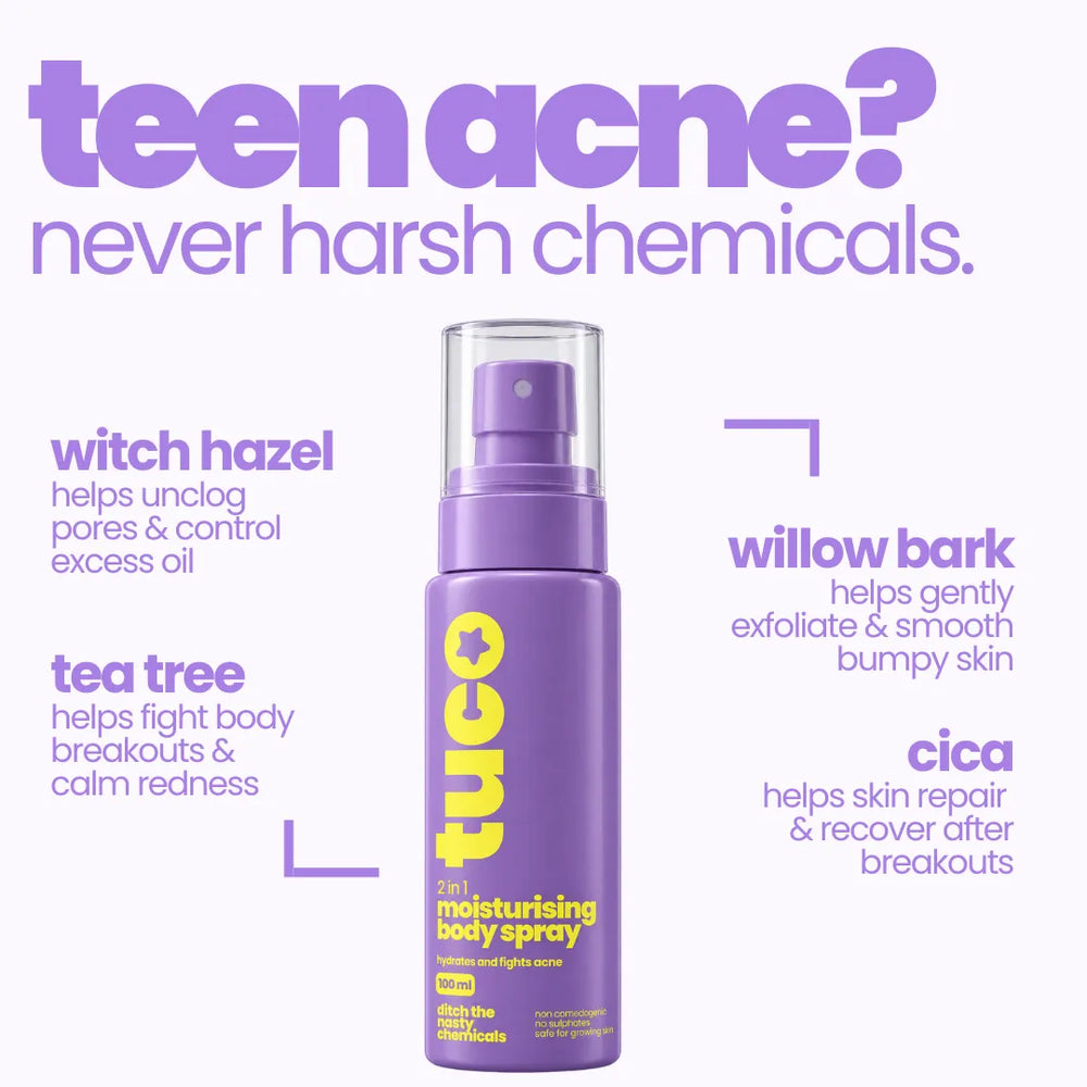 Tuco Kids Moisturising Body Spray key ingredients: witch hazel, tea tree, willow bark, cica