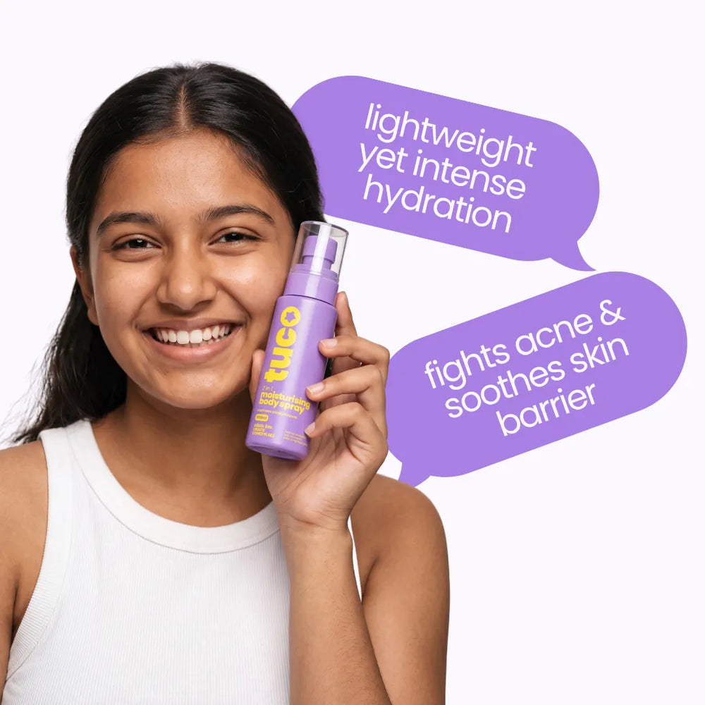 Teen holding Tuco Kids Moisturising Body Spray, which hydrates and fights acne