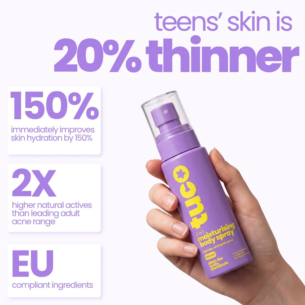 Tuco Kids Moisturising Body Spray claims: 150% hydration, 2X natural actives, EU compliant