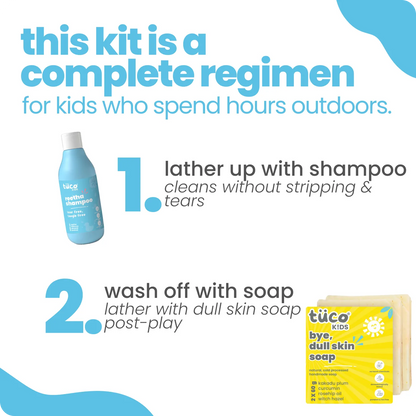 2-step bath routine for active kids - lather with Tuco reetha kids shampoo, wash with Tuco dull skin kids soap