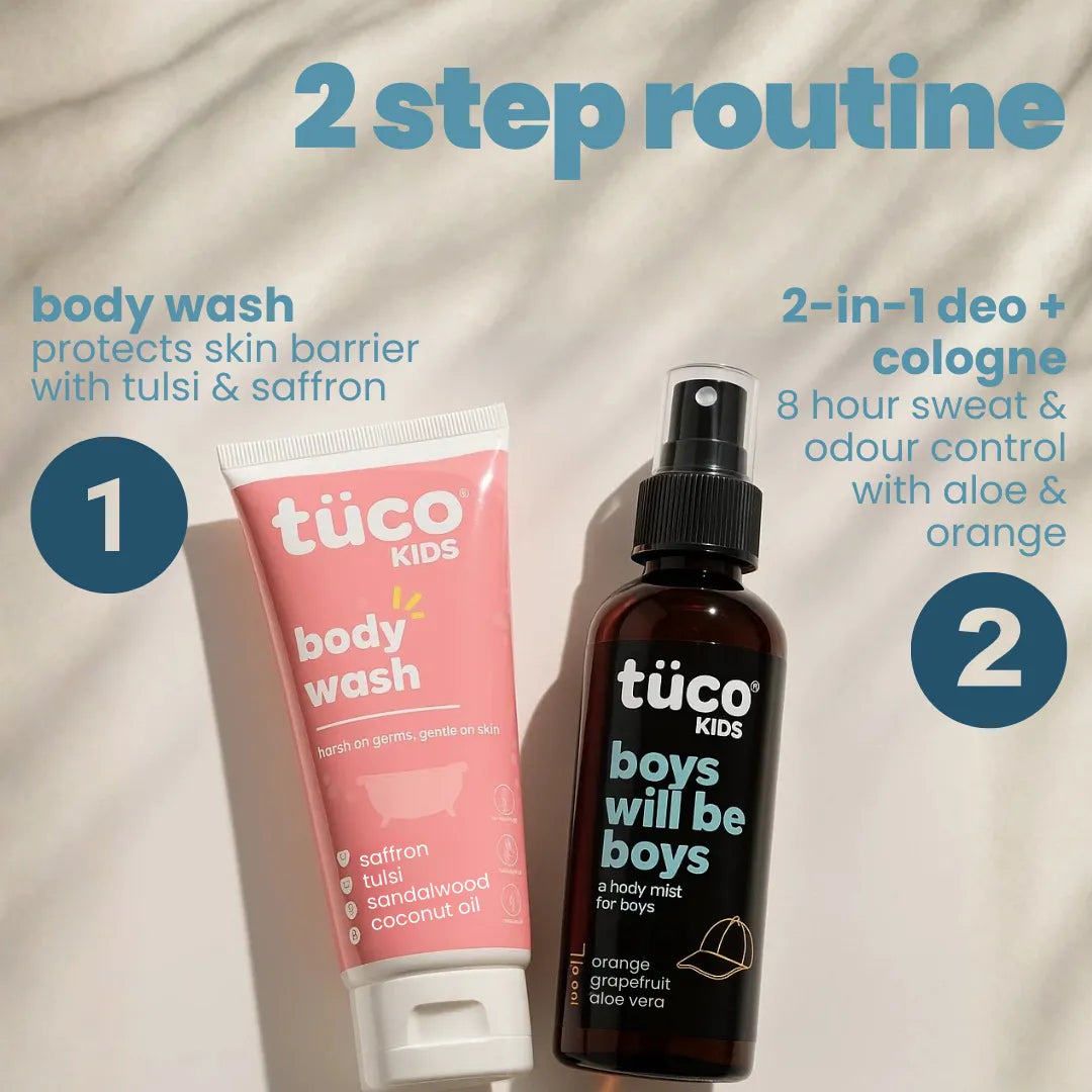 2 step boys skincare routine - Tuco Kids kids body wash with tulsi saffron and boys will be boys deo mist