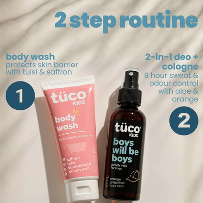 2 step boys skincare routine - Tuco Kids kids body wash with tulsi saffron and boys will be boys deo mist