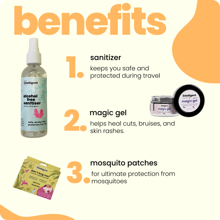 ultimate travel pack: alcohol free sanitizer, magic gel and mosquito patches