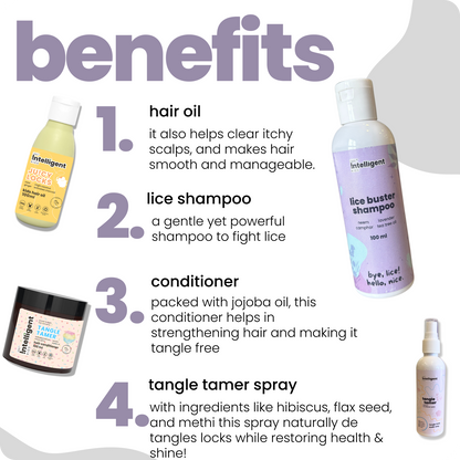 Ultimate Lice Fighter Kit: Lice Shampoo 100ml + Hair Oil 100ml + Conditioner 100g + Hair Detangler 100ml